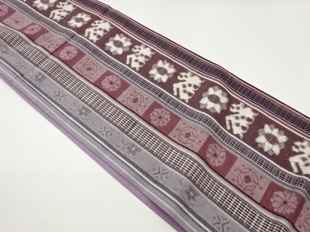 手織り紬縦縞に抽象模様織出し全通洒落袋帯